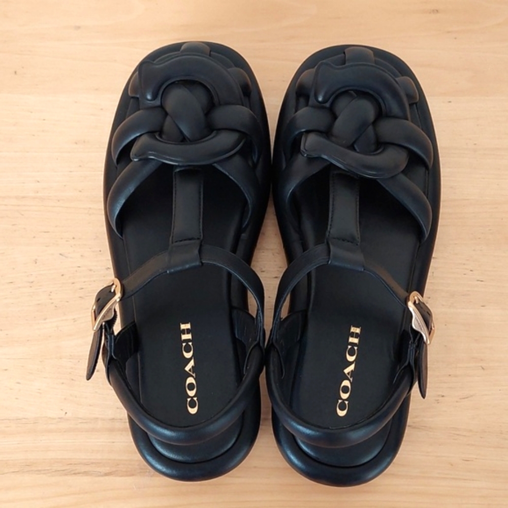 Coach Penney Strappy Fisherman Platform Black Leather Sandals - Picture 7 of 16